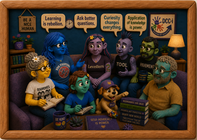 DCC-i crew learning together in a purple wall photo frame