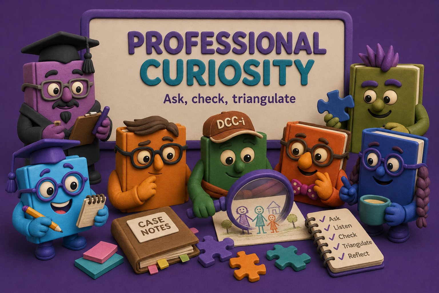 DCC-i clay-style book characters exploring safeguarding information with a magnifying glass and case notes