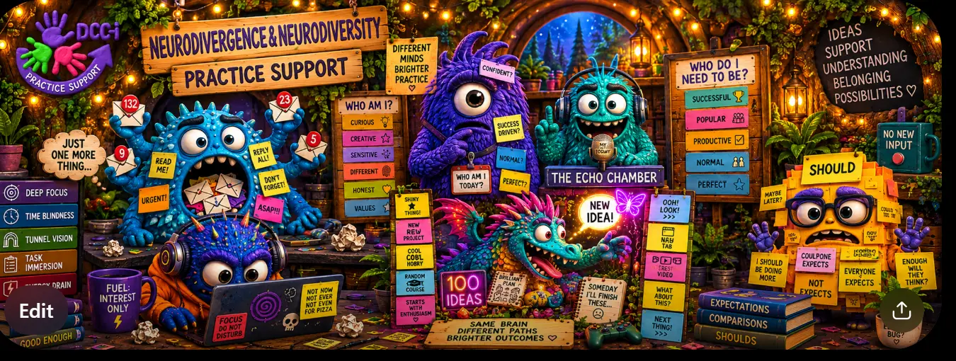 Six colourful ND Monsters representing communication overload, masking, hyperfocus, echo chambers, novelty-seeking and should expectations.