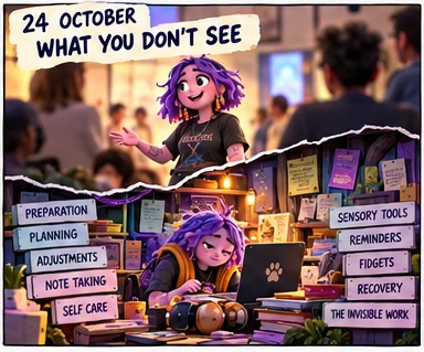 Comic panel titled '24 October: What you don't see': above, Daisy presents confidently to a room; below, the invisible work behind it: preparation, planning, adjustments, note taking, sensory tools, reminders, fidgets and recovery.