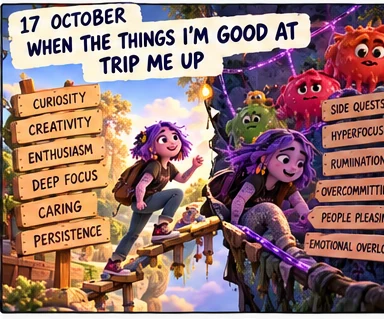 Comic panel titled '17 October: When the things I'm good at trip me up': Daisy crosses a rope bridge between signs for curiosity, creativity, enthusiasm, deep focus, caring and persistence, and signs for side quests, hyperfocus, rumination, overcommitting and people pleasing.
