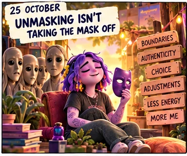 Comic panel titled '25 October: Unmasking isn't taking the mask off': Daisy relaxes holding a mask, beside signs saying boundaries, authenticity, choice, adjustments, less energy and more me.