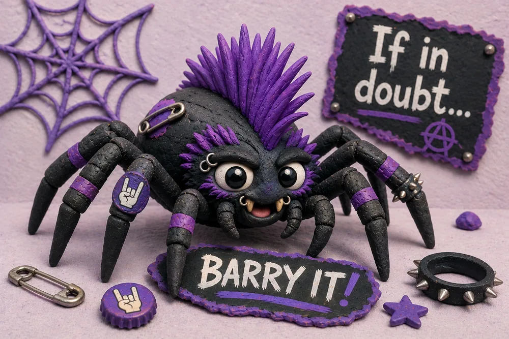 Barry, a black clay spider with a purple mohawk, next to a sign saying 'If in doubt... Barry it!'