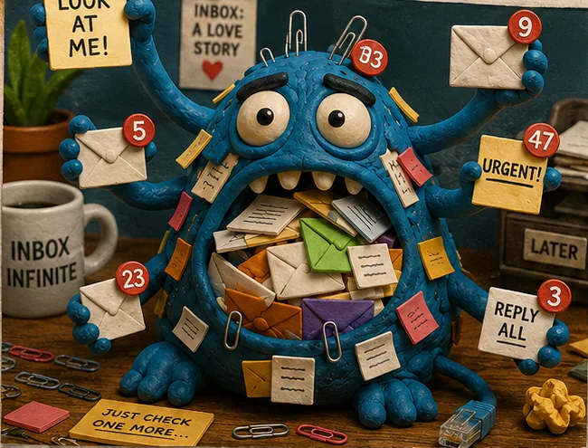 The Inbox Monster, a blue clay creature with a wide mouth stuffed with envelopes, surrounded by unread-message badges and sticky notes saying 'Urgent!', 'Reply all' and 'Later'.