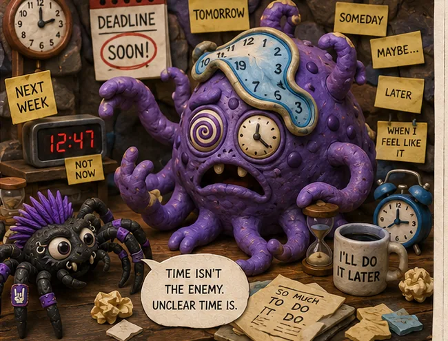 The Time Monster, a purple clay creature wearing a melting clock, surrounded by clocks and notes saying 'Deadline soon!', 'Not now' and 'I'll do it later', with Barry the spider beside him.