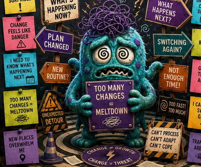 The Transitions Monster, a teal clay creature with a tangled purple scribble for hair, holding a sign reading 'Too many changes = meltdown' among signs saying 'Plan changed' and 'Switching again?'.