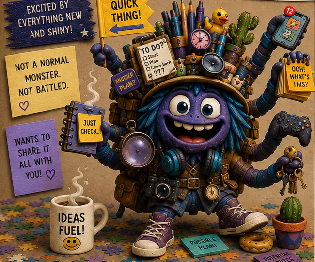 The Side Quest Monster, a blue clay creature in a hat piled with gadgets and snacks, surrounded by notes saying 'Quick thing!', 'Another plan?' and 'Ideas fuel!'.