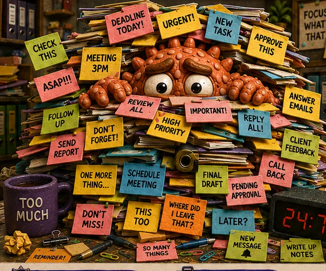 The Overwhelm Monster, an orange clay creature almost buried under a heap of sticky notes and papers saying 'Urgent!', 'Deadline today!' and 'Too much'.