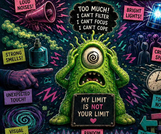 The Sensory Overload Monster, a green one-eyed clay creature covering its ears amid loud noises, bright lights and strong smells, holding a sign reading 'My limit is not your limit'.