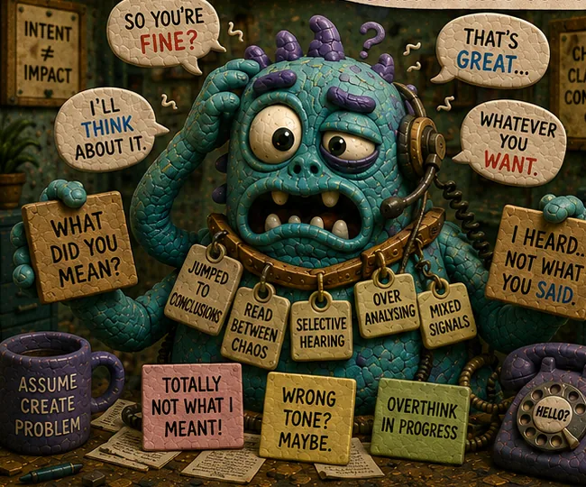 The Misunderstanding Monster, a teal clay creature with a puzzled look, surrounded by speech bubbles saying 'So you're fine?', 'What did you mean?' and 'I heard not what you said'.
