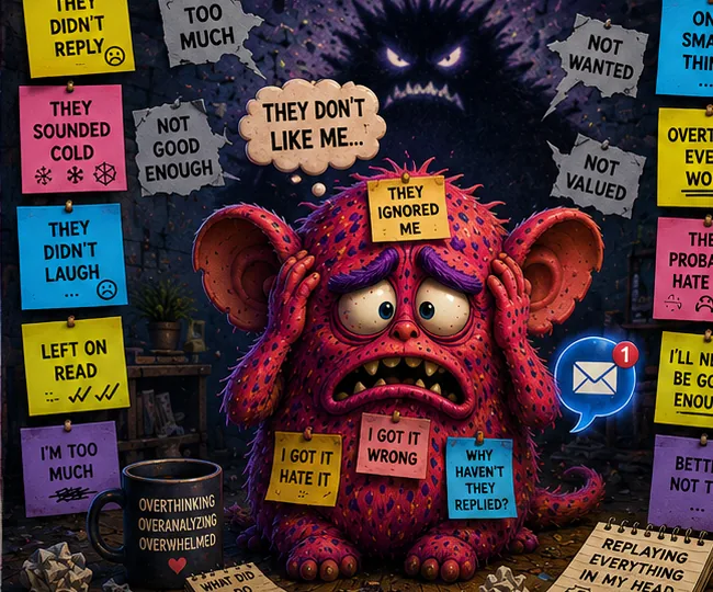 The Rejection Monster, a pink clay creature with big drooping ears, surrounded by notes saying 'They didn't reply', 'Not good enough' and 'They don't like me...'.