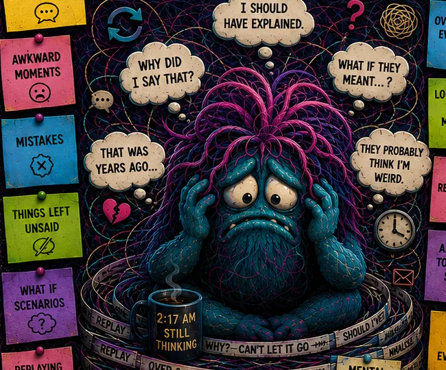The Rumination Monster, a dark blue clay creature holding its head, surrounded by thought bubbles saying 'Why did I say that?' and 'What if they meant...?', with a clock showing 2:17am.