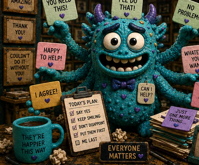 The People Pleasing Monster, a smiling teal clay creature with many arms, holding a plan that reads 'Say yes, keep smiling, don't disappoint, put them first, me last'.