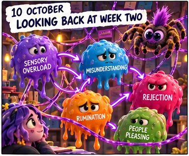 Comic panel titled '10 October: Looking back at week two': the Sensory Overload, Misunderstanding, Rejection, Rumination and People Pleasing Monsters linked by arrows across Barry's web.