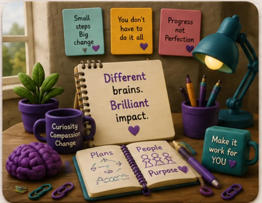 A tidy purple and teal desk with an open notebook reading 'Different brains. Brilliant impact.', a model brain, pens, plants and sticky notes saying 'Small steps. Big change.', 'You don't have to do it all' and 'Progress not perfection'.