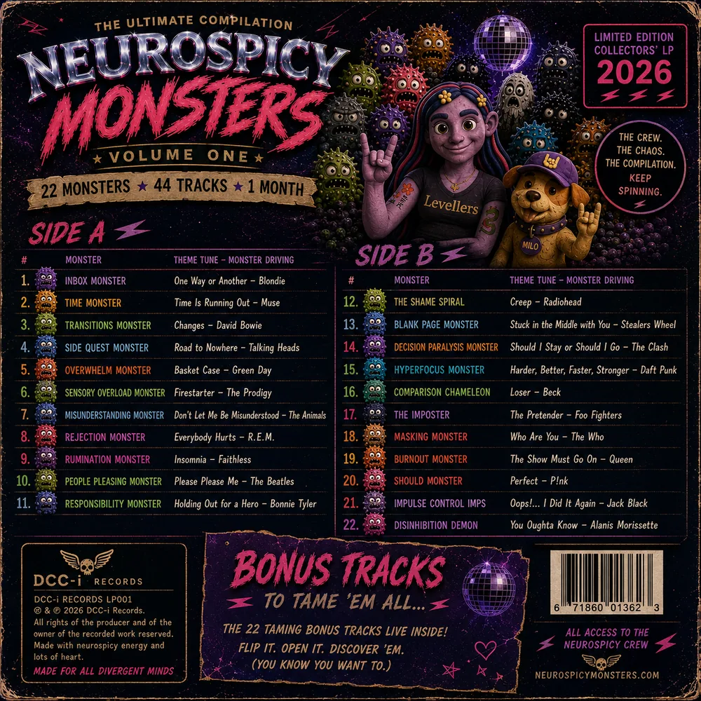 Back cover of the Neurospicy Monsters Volume One collectors' LP, listing the 22 Monster theme tunes on Side A and Side B, with Daisy and Milo waving.
