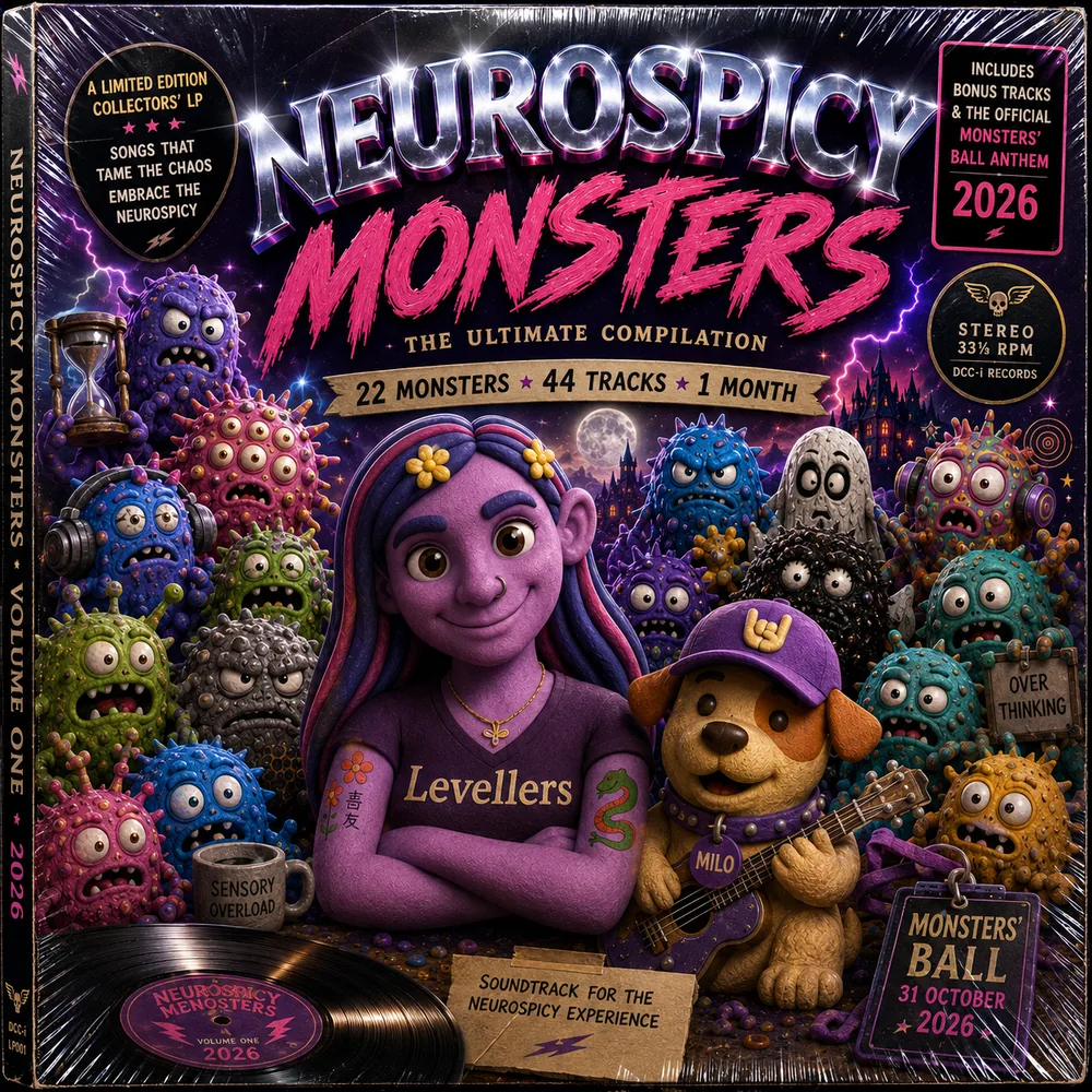 Front cover of the Neurospicy Monsters Volume One collectors' LP: Daisy's clay avatar with arms folded and Milo the dog holding a guitar, surrounded by colourful Monsters, with the words '22 Monsters, 44 tracks, 1 month' and 'Monsters' Ball, 31 October 2026'.