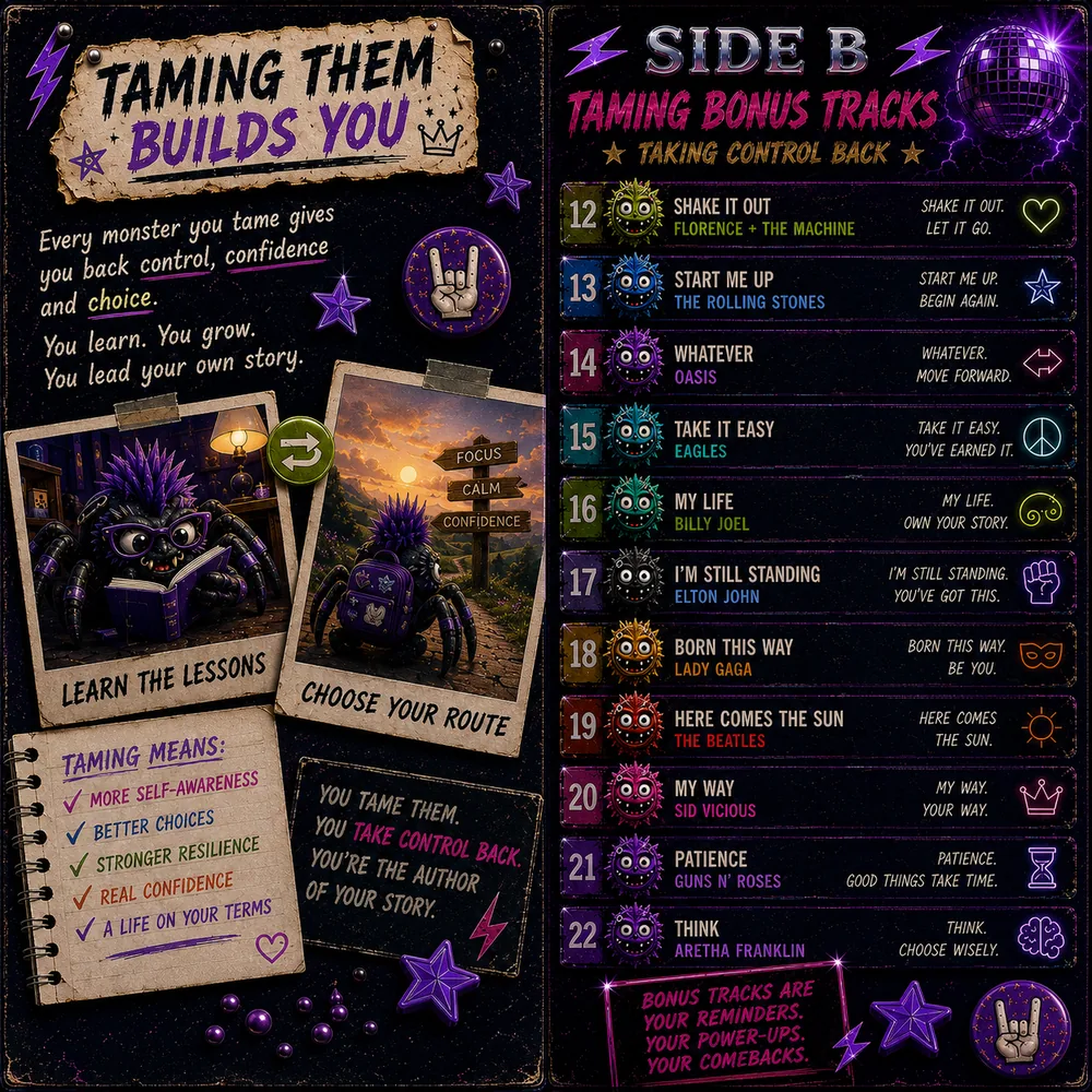 Right inside panel of the Neurospicy Monsters record sleeve, featuring the Side B taming bonus tracks.