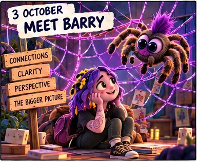 Comic panel titled '3 October: Meet Barry': Daisy sits beneath a glowing web while Barry, a spider with a purple mohawk, looks on beside signposts saying 'Connections', 'Clarity', 'Perspective' and 'The bigger picture'.