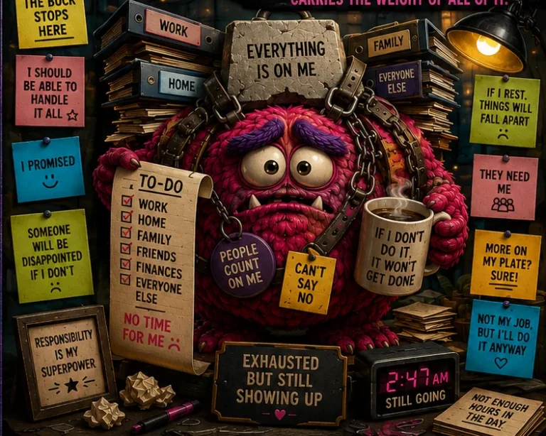 The Responsibility Monster, a red clay creature chained to a huge to-do list, surrounded by notes saying 'Everything is on me', 'If I rest, things will fall apart' and 'Exhausted but still showing up'.