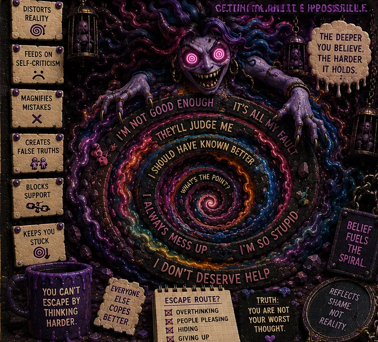 The Shame Spiral, a shadowy purple figure above a swirling vortex of phrases such as 'I'm not good enough', 'They'll judge me' and 'I don't deserve help'.