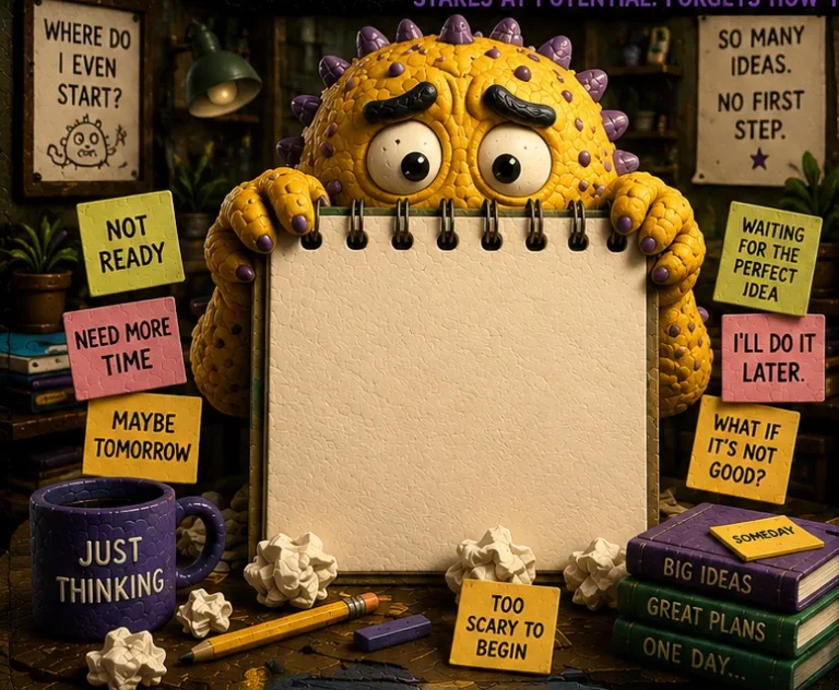 The Blank Page Monster, a yellow clay creature holding up an empty notepad, surrounded by notes saying 'Not ready', 'Maybe tomorrow' and 'Too scary to begin'.