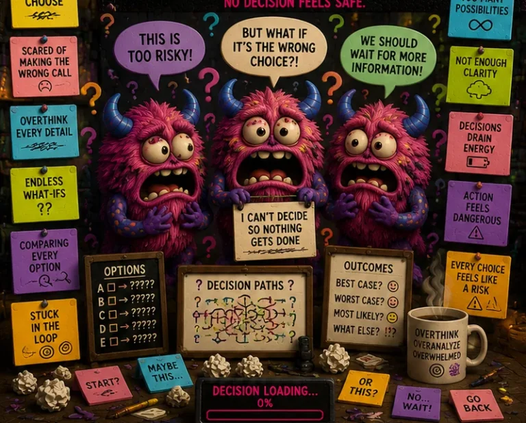Three pink Decision Paralysis Monsters staring at speech bubbles saying 'This is too risky!', 'But what if it's the wrong choice?' and 'We should wait for more information!'.
