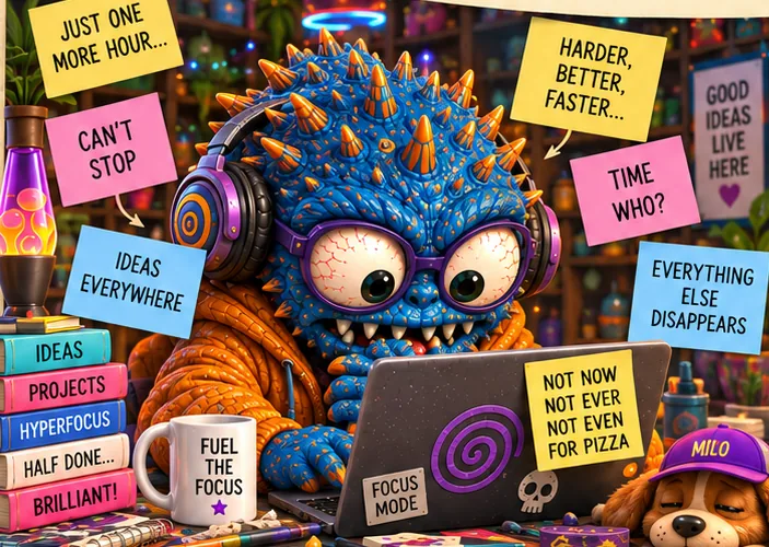 The Hyperfocus Monster, a blue clay creature in headphones absorbed in a laptop, surrounded by notes saying 'Just one more hour', 'Time? Who?' and 'Everything else disappears'.