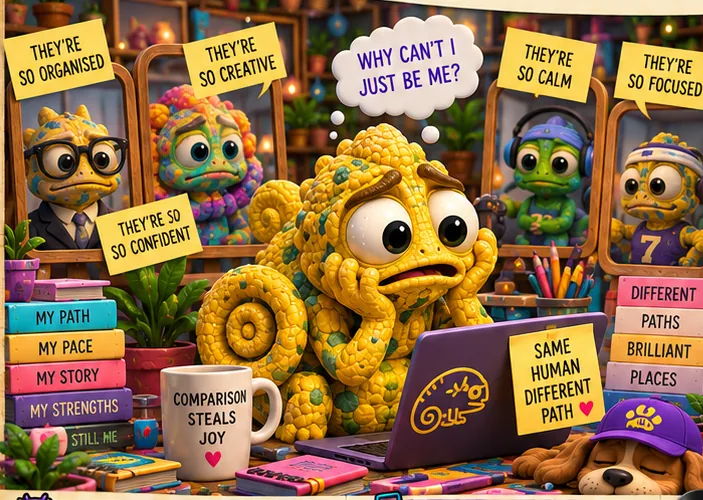 The Comparison Chameleon, a yellow clay chameleon at a desk looking at framed pictures of others labelled 'They're so organised' and 'They're so creative', with a note saying 'Same human, different path'.