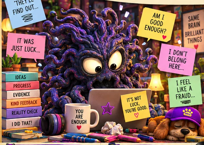 The Imposter, a dark purple tentacled creature peering over a laptop, surrounded by notes saying 'It was just luck', 'I don't belong here' and 'I feel like a fraud'.