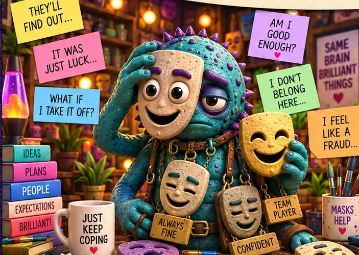 The Masking Monster, a teal clay creature holding several smiling masks labelled 'Always fine', 'Confident' and 'Team player'.