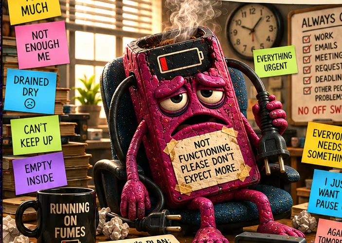 The Burnout Monster, a red clay phone-shaped creature with a flat battery slumped in an office chair, holding a sign saying 'Not functioning. Please don't expect more.'