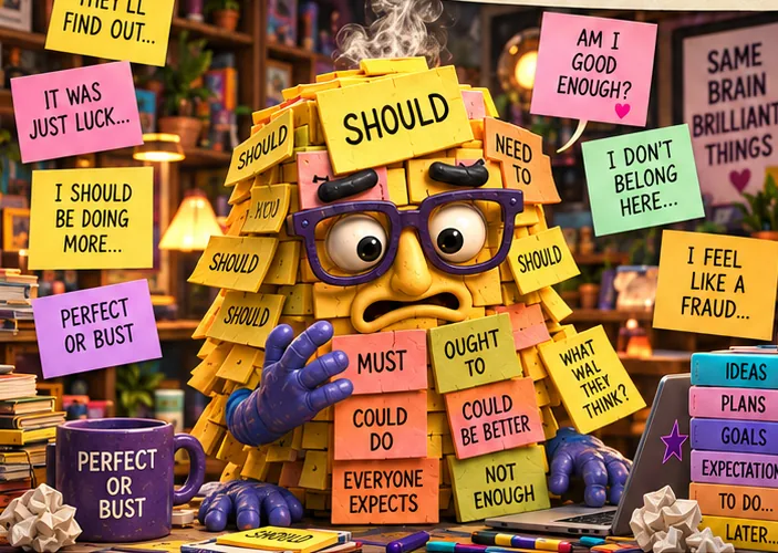 The Should Monster, a yellow creature covered in sticky notes saying 'Should', 'Must' and 'Ought to', surrounded by notes such as 'Perfect or bust'.