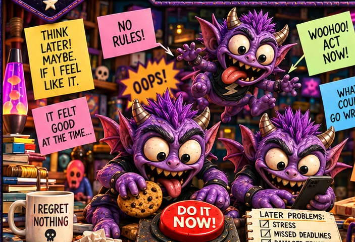 The Impulse Control Imps, three purple imps grinning over a red button marked 'Do it now!', surrounded by notes saying 'No rules!' and 'Oops!'.