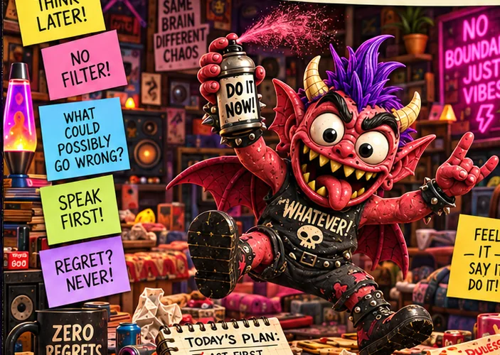 The Disinhibition Demon, a red horned demon in sunglasses and a 'Whatever' T-shirt holding a spray can, beside a neon sign saying 'No boundaries just vibes'.