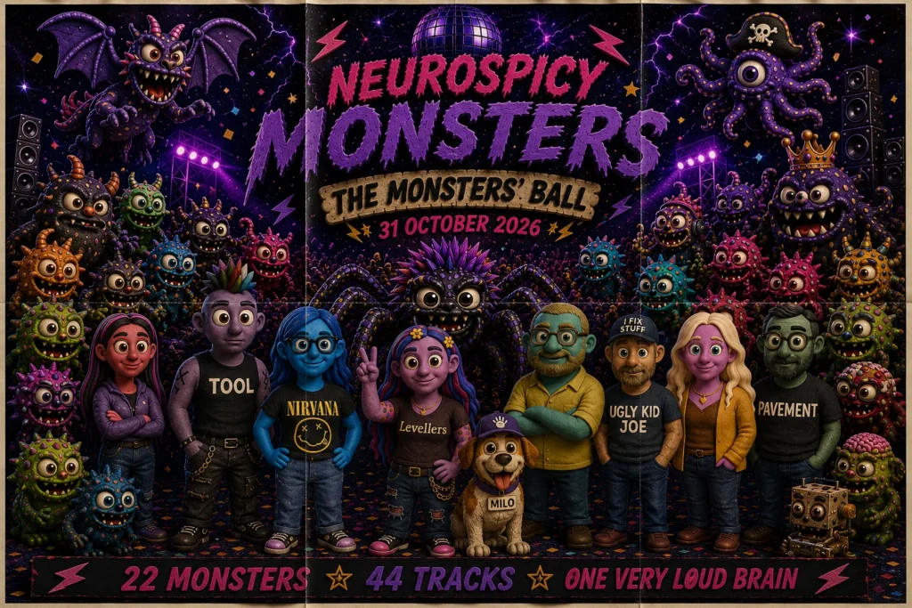The Monsters' Ball poster: Daisy, Milo the dog and a group of friends in band T-shirts standing in front of the full cast of Neurospicy Monsters, under the title 'Neurospicy Monsters: The Monsters' Ball, 31 October 2026'.