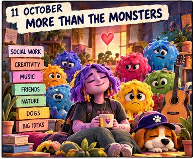 Comic panel titled '11 October: More than the Monsters': Daisy smiles with a mug beside a sleeping dog, with signs for social work, creativity, music, friends, nature, dogs and big ideas, and the Monsters behind her.