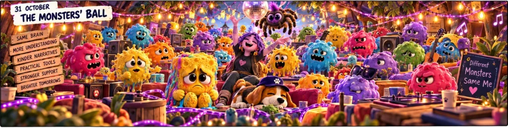 Wide comic panel of the Monsters' Ball: Daisy, Barry, Milo, the Emotional Sponge and the full cast of colourful ADHD Monsters gathered beneath a glowing web.