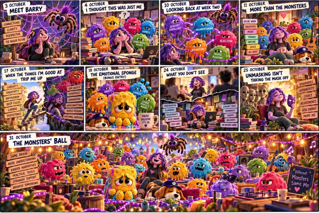 Nine comic panels from the journal's weekends, from '3 October: Meet Barry' to '31 October: The Monsters' Ball', in purple clay-animation style.