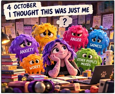 Comic panel titled '4 October: I thought this was just me': Daisy rests her chin on her hands at a desk, surrounded by colourful blobs labelled anxiety, worry, anger, sadness and other people's moods.