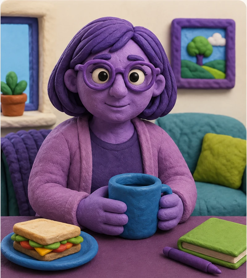3D plasticine illustration of Hazel seated in her living space, holding a blue mug