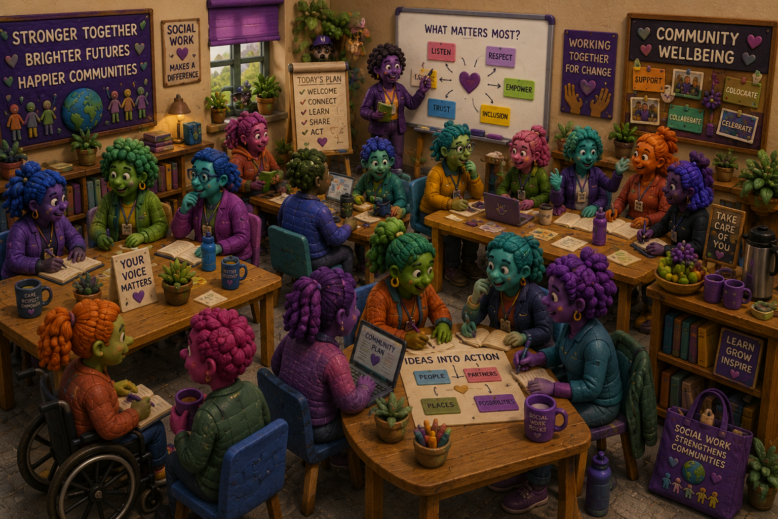 Busy illustrated training room with Milo hidden somewhere in the scene