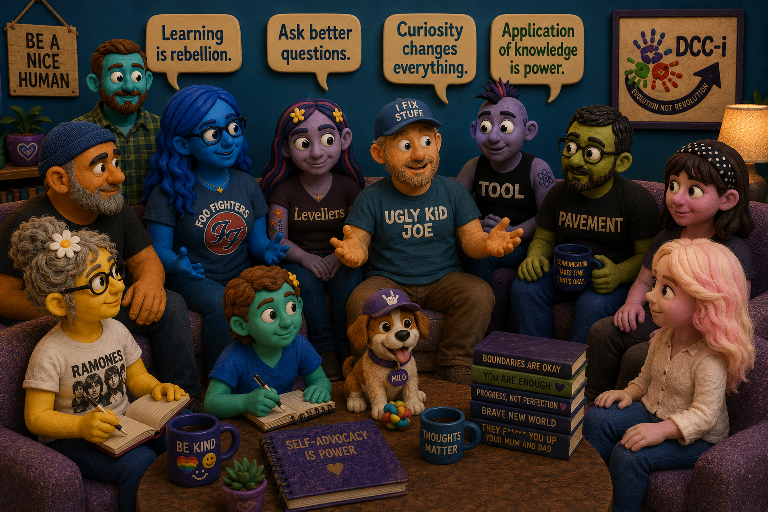 The DCC-i Crew in a claymation-style group portrait.