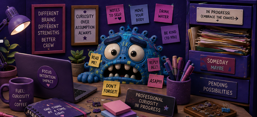 Purple DCC-i ADHD Awareness Month workspace with the Inbox Monster, laptop, stationery and chaotic filing.