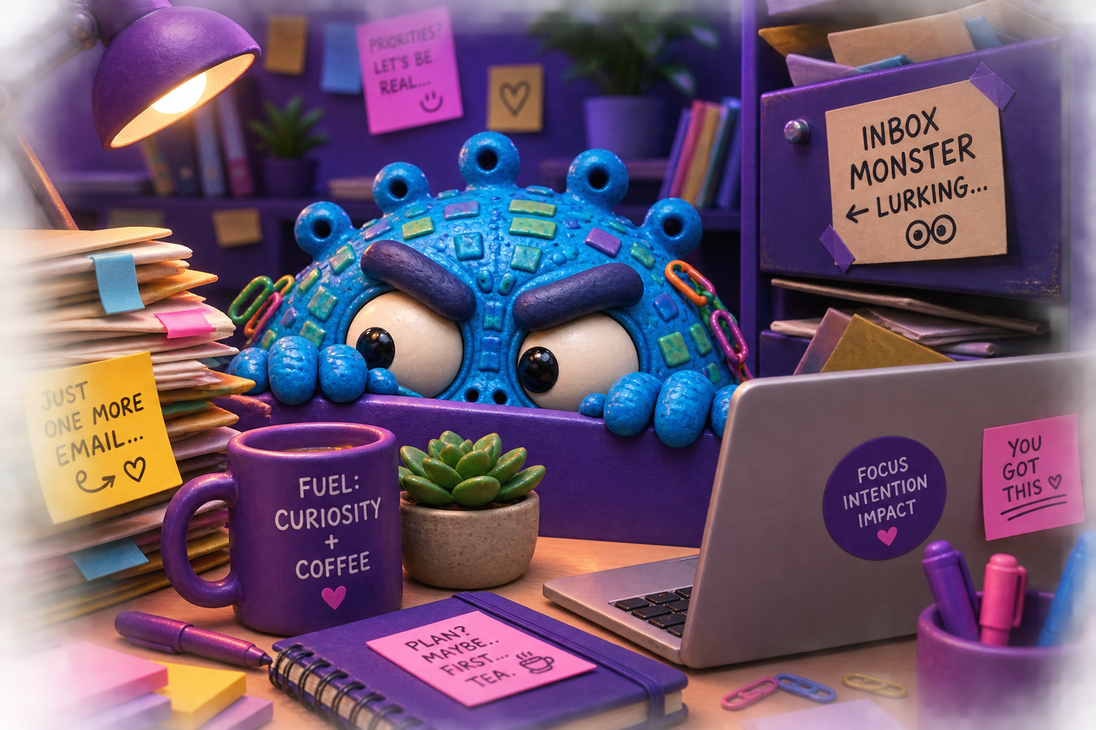 The Inbox Monster peeking over a purple divider.