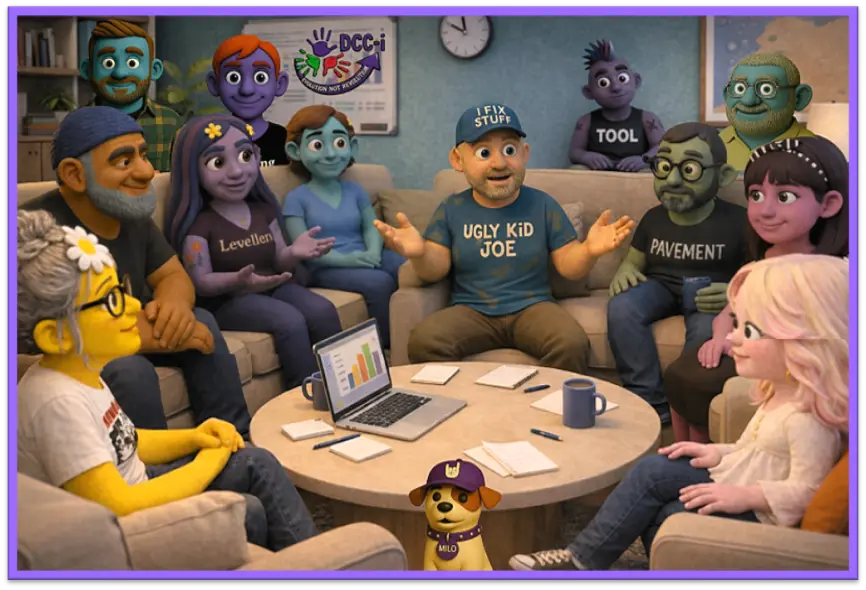 The DCC-i crew sitting together in discussion